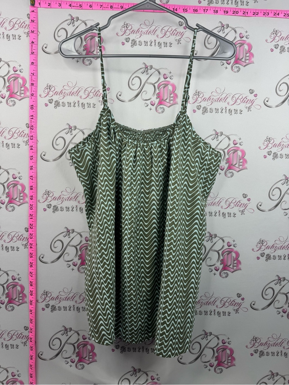 Farwest tank top blue aqua Olive Green Zigzag Spaghetti Strap Top smocked